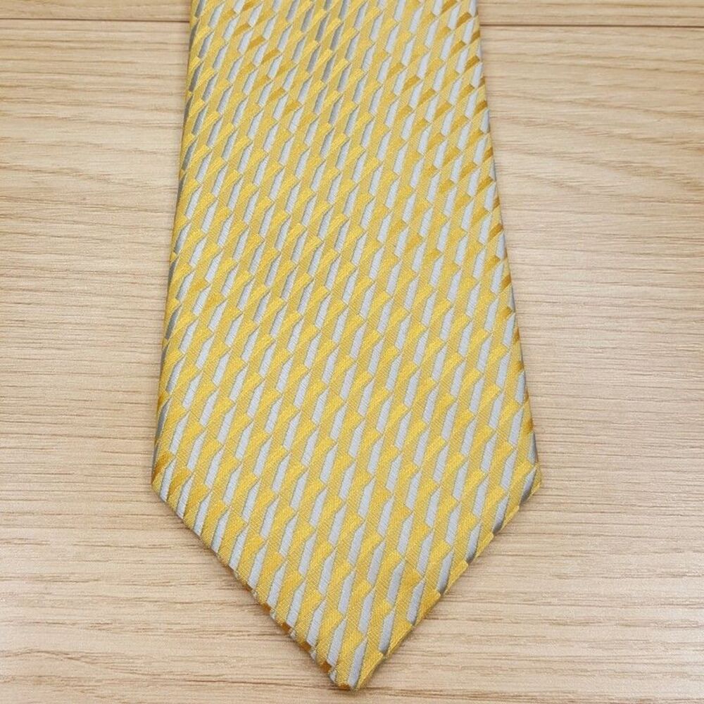 PERRY ELLIS Mens Neck Tie Yellow Silver Geo Stripe Abstract Modern Necktie
